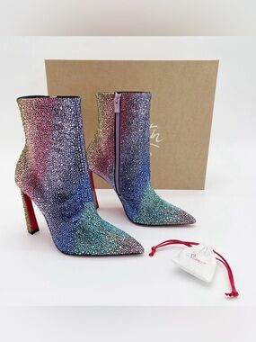 Christian Louboutin Condora Strass Rainbow Crystal Heeled Ankle Boots EU 38.5